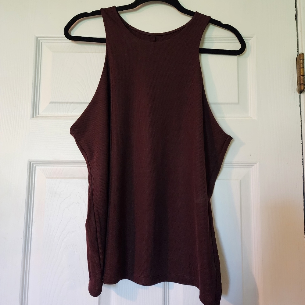 a new day Brown Stretch Shine High Neck Ribbed Double Front Layer Tank Top
